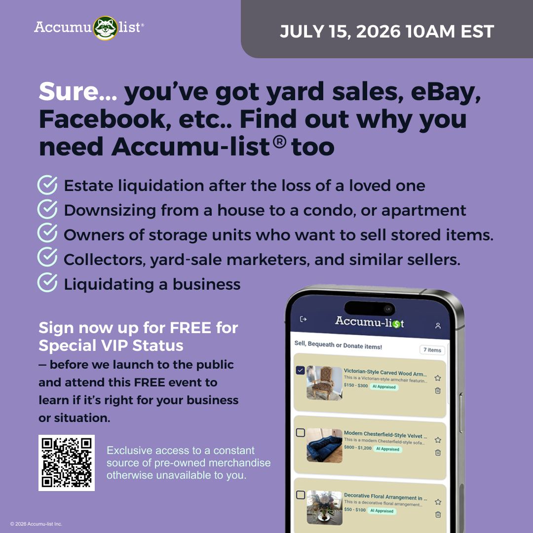 Accumu-list® event ad: sure, you've got yard sales, eBay, and Facebook — find out why you need Accumu-list too, with phone mockup and VIP sign-up for the July 15 launch event