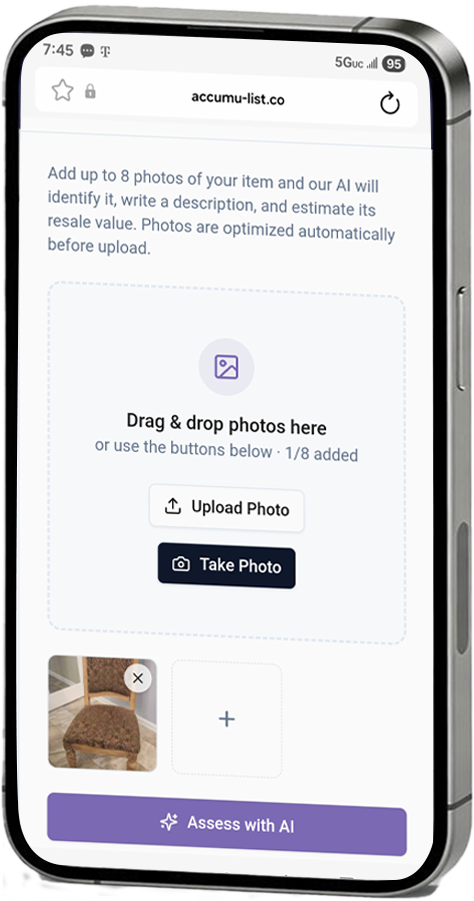 Accumu-list® mobile app listing flow with one chair photo added and the Assess with AI button active
