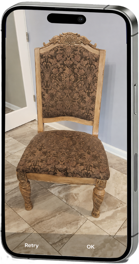 Accumu-list® mobile app camera view photographing a carved upholstered dining chair with Retry and OK controls