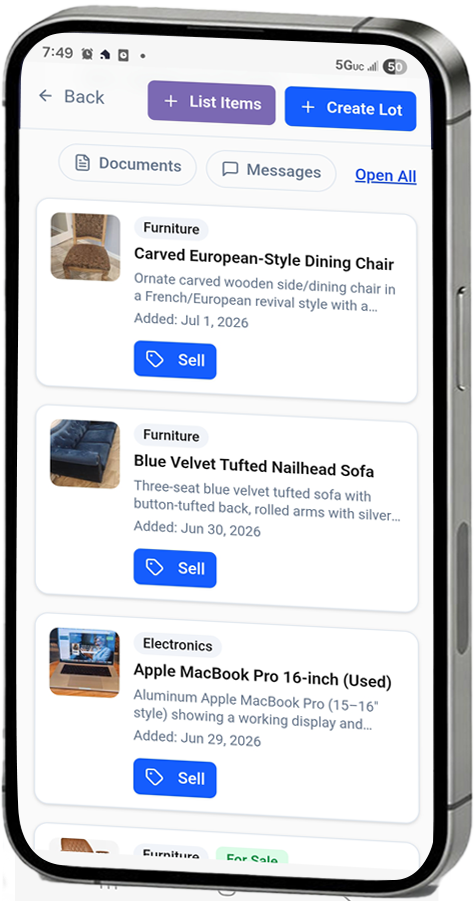 Accumu-list® mobile app listed items screen showing a dining chair, blue velvet sofa, and MacBook Pro each with Sell buttons
