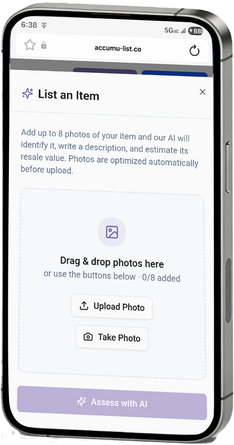 Accumu-list® mobile app List an Item screen with drag and drop photo area, Upload Photo and Take Photo buttons, and Assess with AI action
