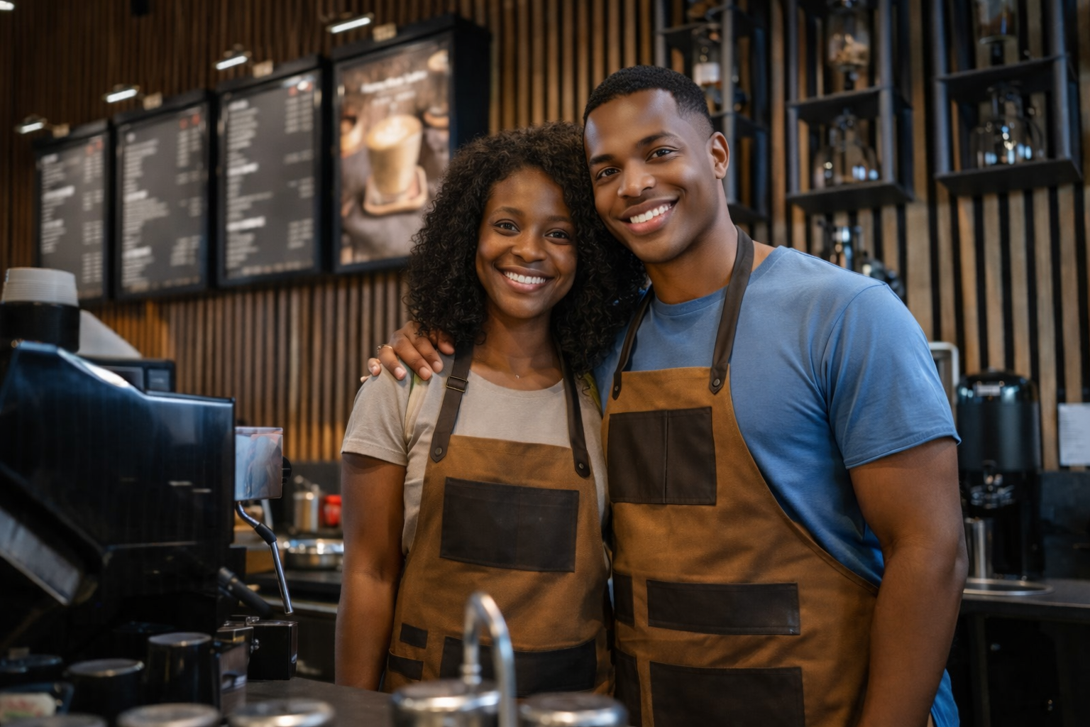 Two smiling coffee shop owners in aprons standing behind their cafe counter