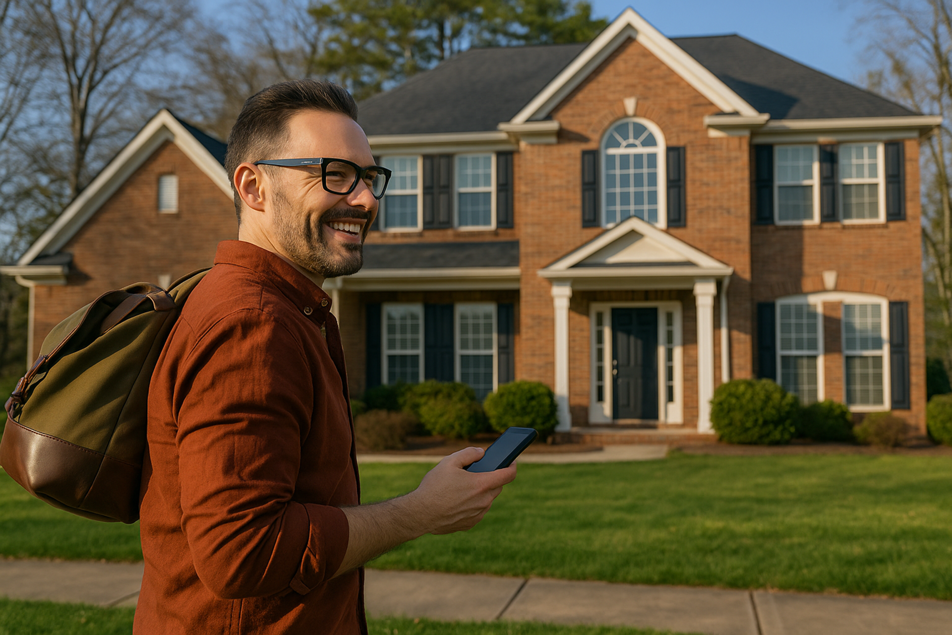A smiling man with a duffel bag checking his phone outside an inherited brick colonial home