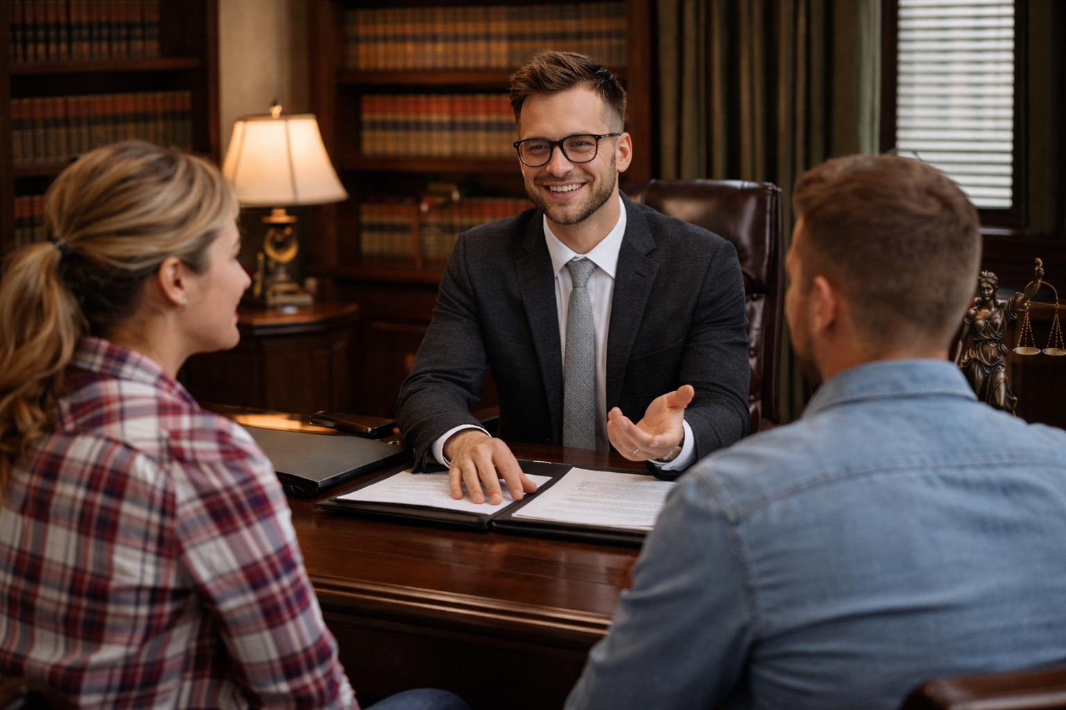 An attorney reviewing documents with a couple in a wood-paneled law office