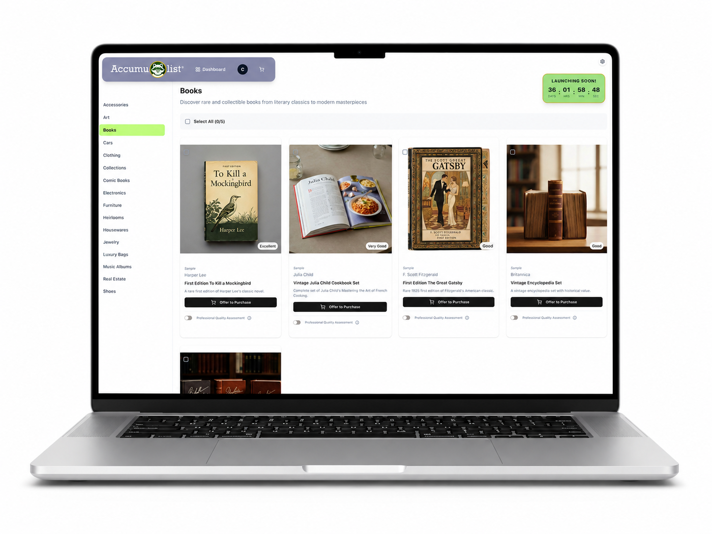 Accumu-list® catalog page showing the Books category with rare and collectible listings, condition badges, and Offer to Purchase buttons