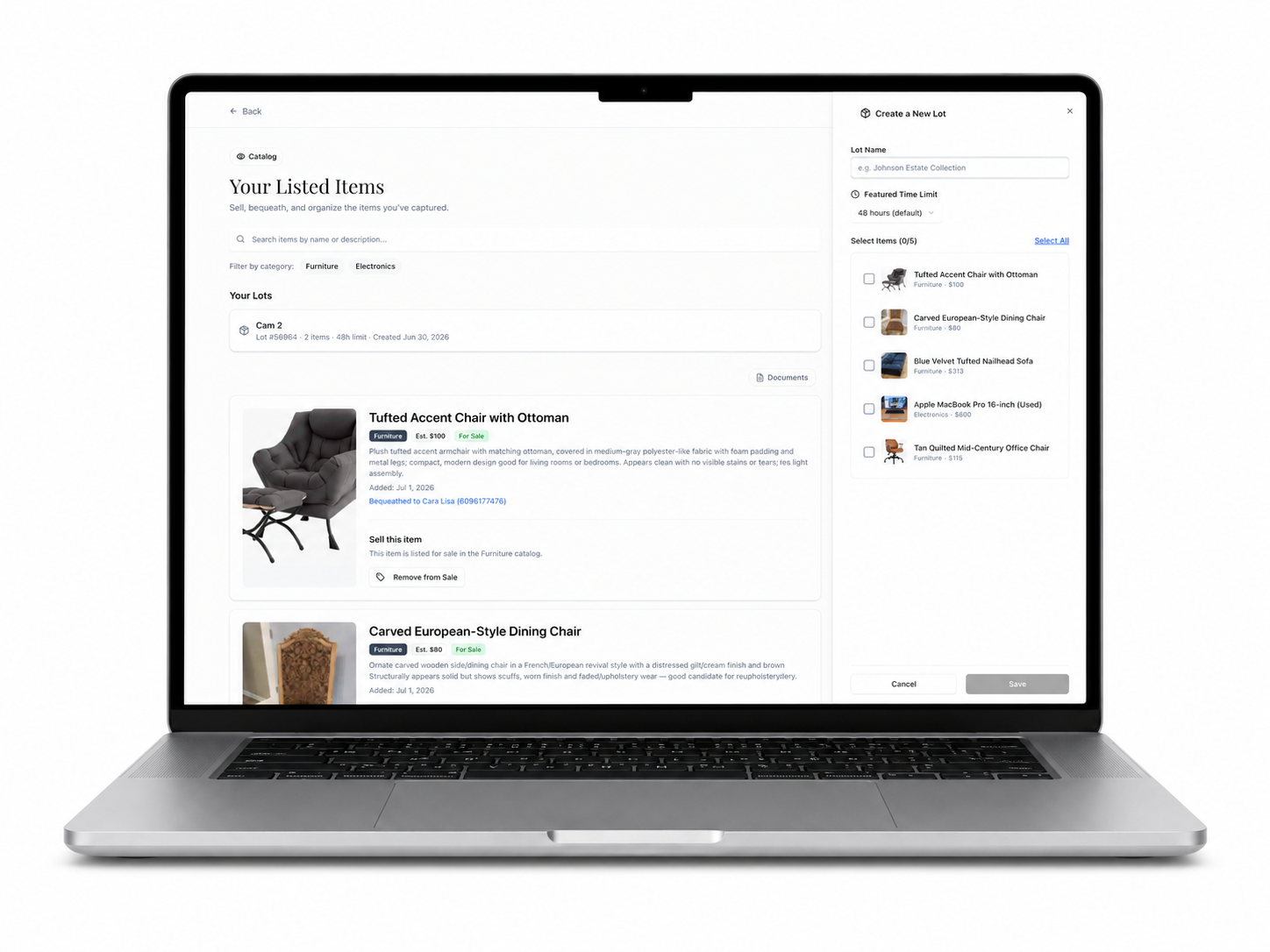 Accumu-list® Your Listed Items page with a Create a New Lot panel for grouping items with a featured time limit