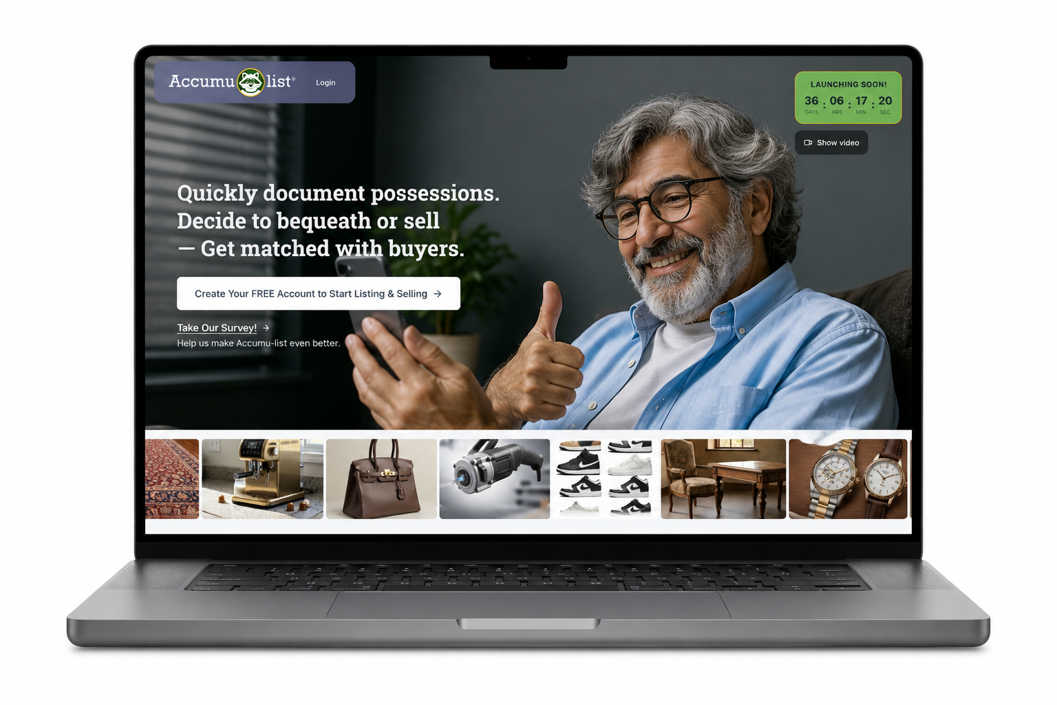 Accumu-list® homepage on a laptop: hero with a woman holding a vintage football helmet, headline about documenting possessions, phone capture overlay, and product photo strip