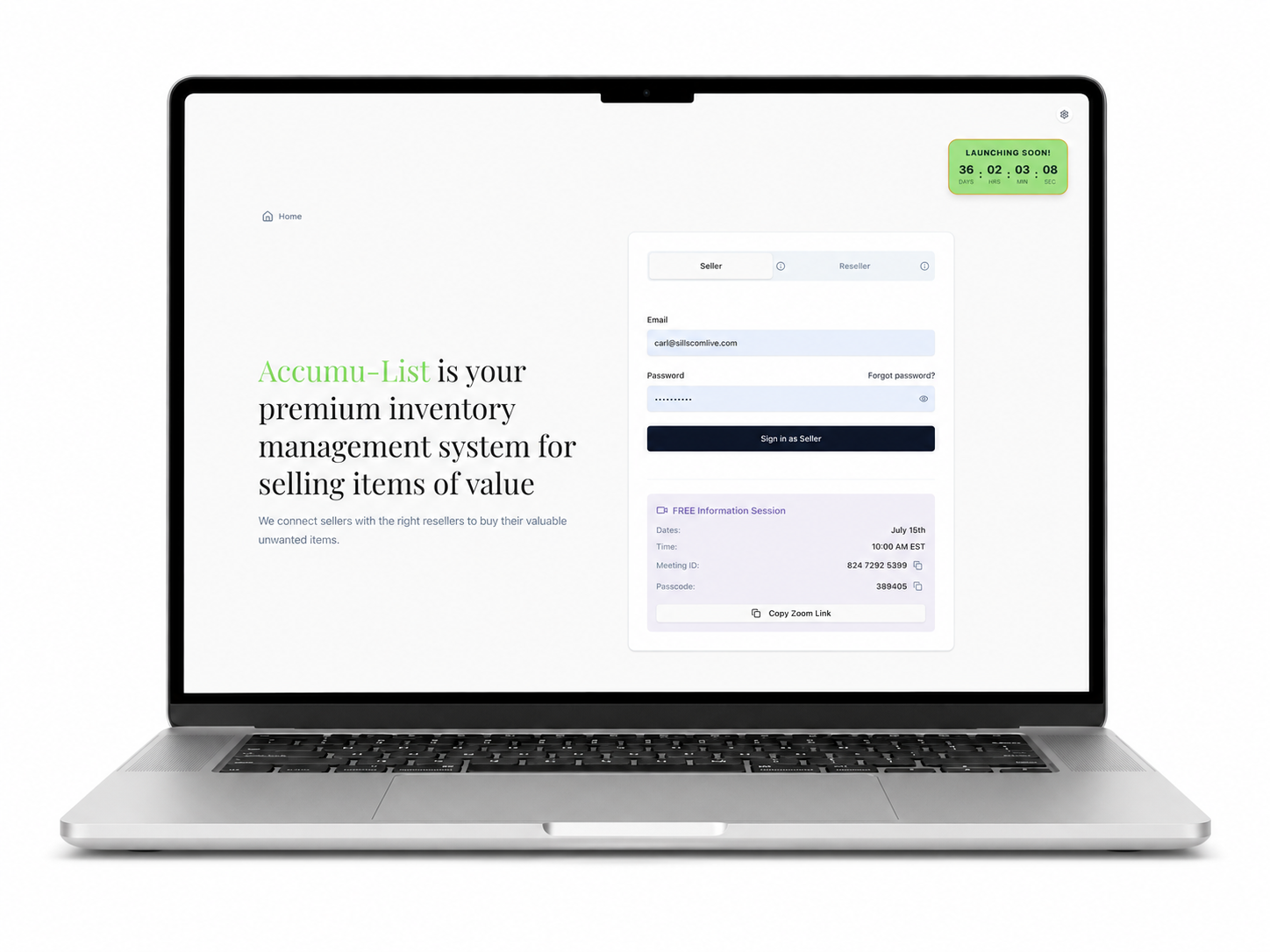 Accumu-list® sign-in page describing the premium inventory management system with Seller and Reseller toggle and free information session details