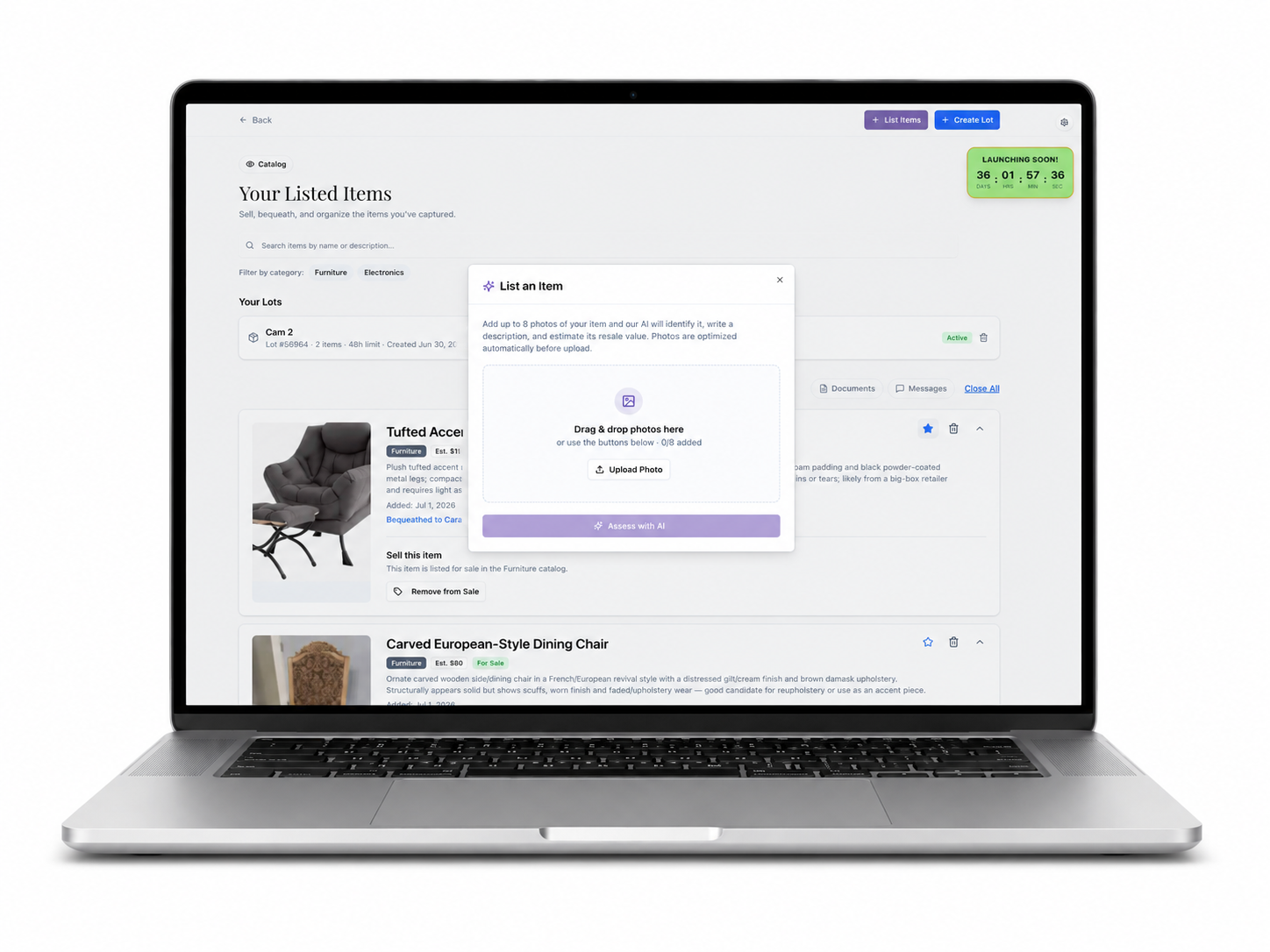 Accumu-list® Your Listed Items page with a List an Item modal for uploading photos and assessing items with AI