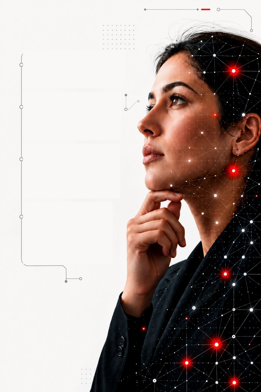 Woman in thoughtful profile with an AI network overlay