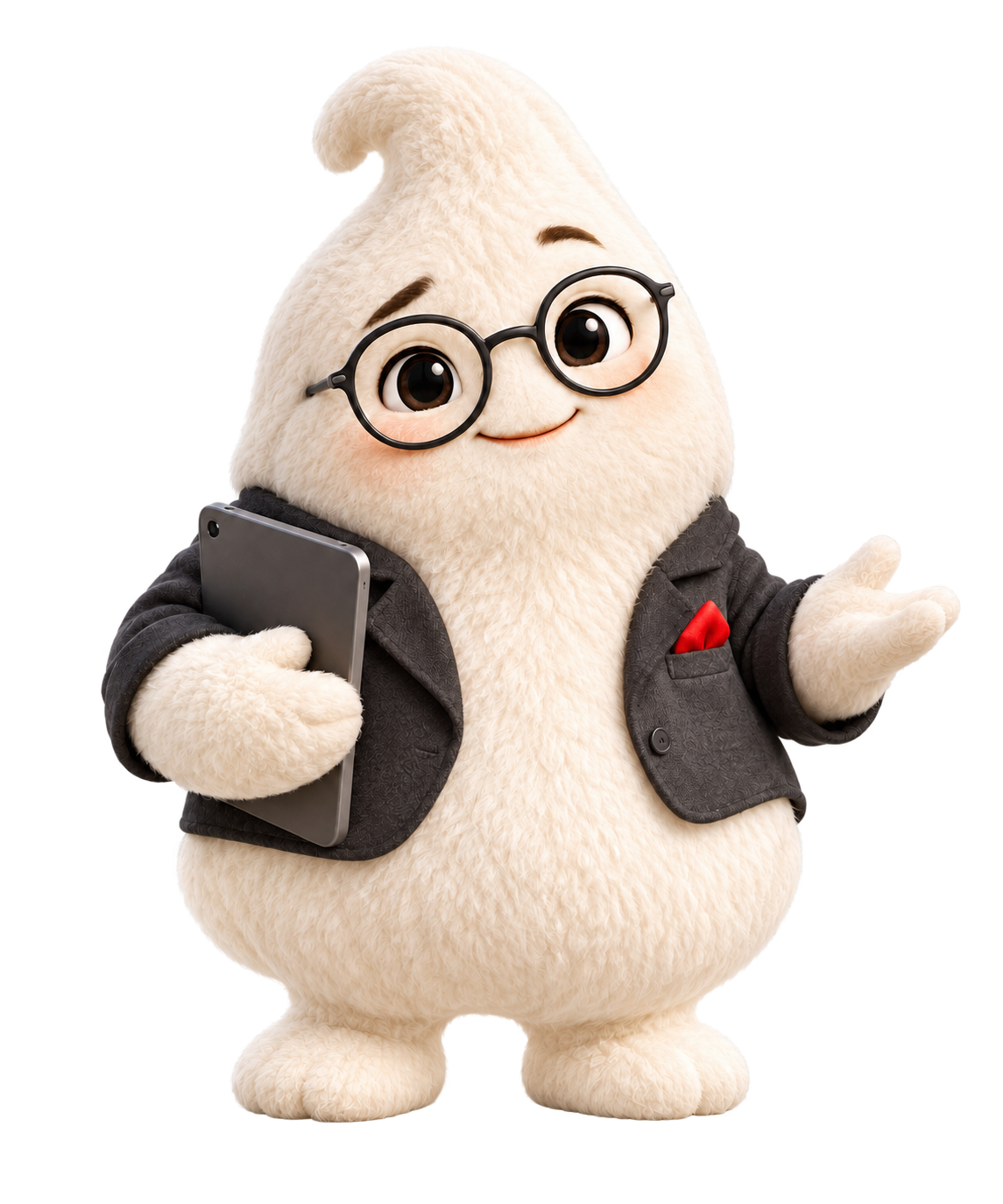 SilverFlame X plush agent mascot in glasses and a blazer, holding a tablet