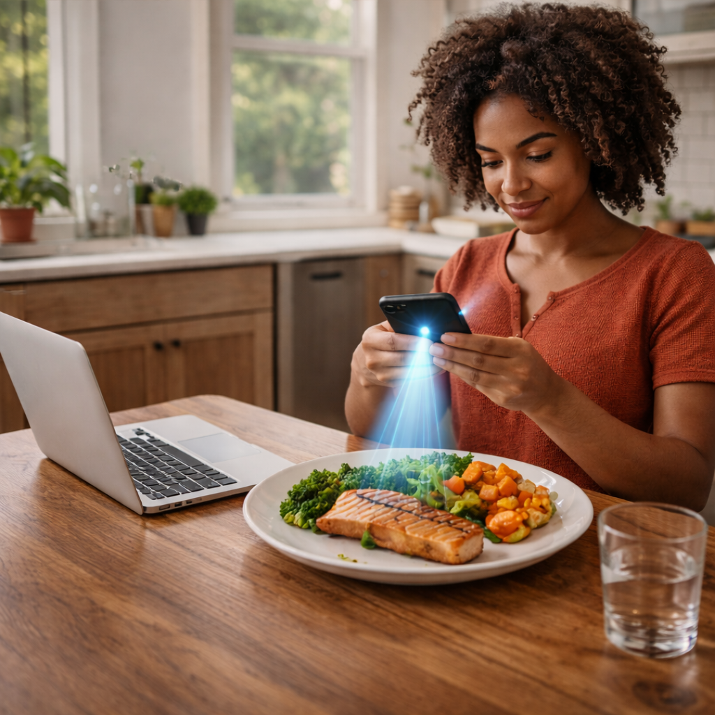Woman scanning healthy meal