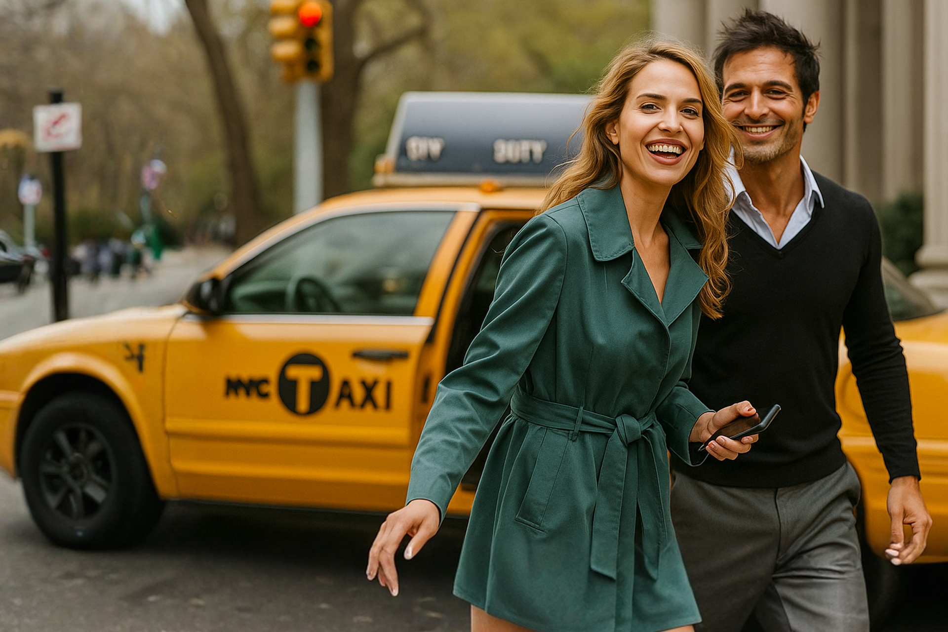 Couple in NYC with taxi