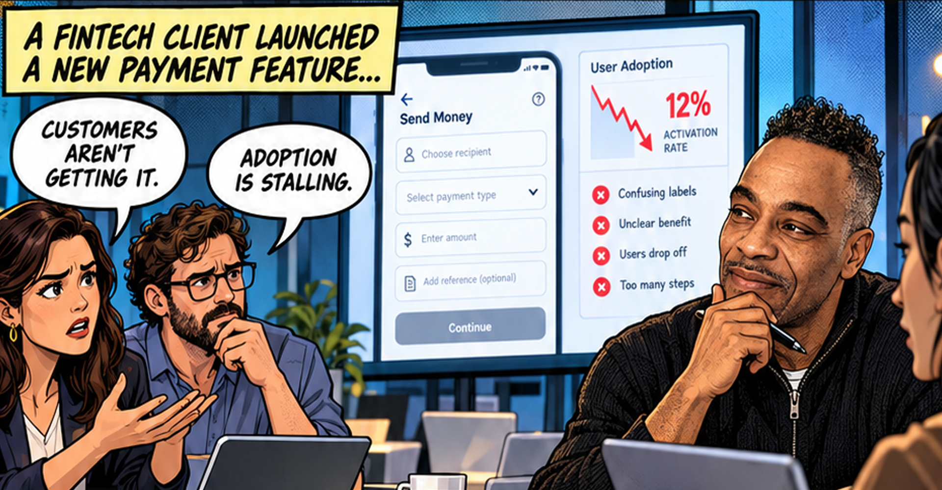 Comic panel: a fintech client launched a new payment feature, but customers aren't getting it and adoption is stalling at a 12% activation rate.
