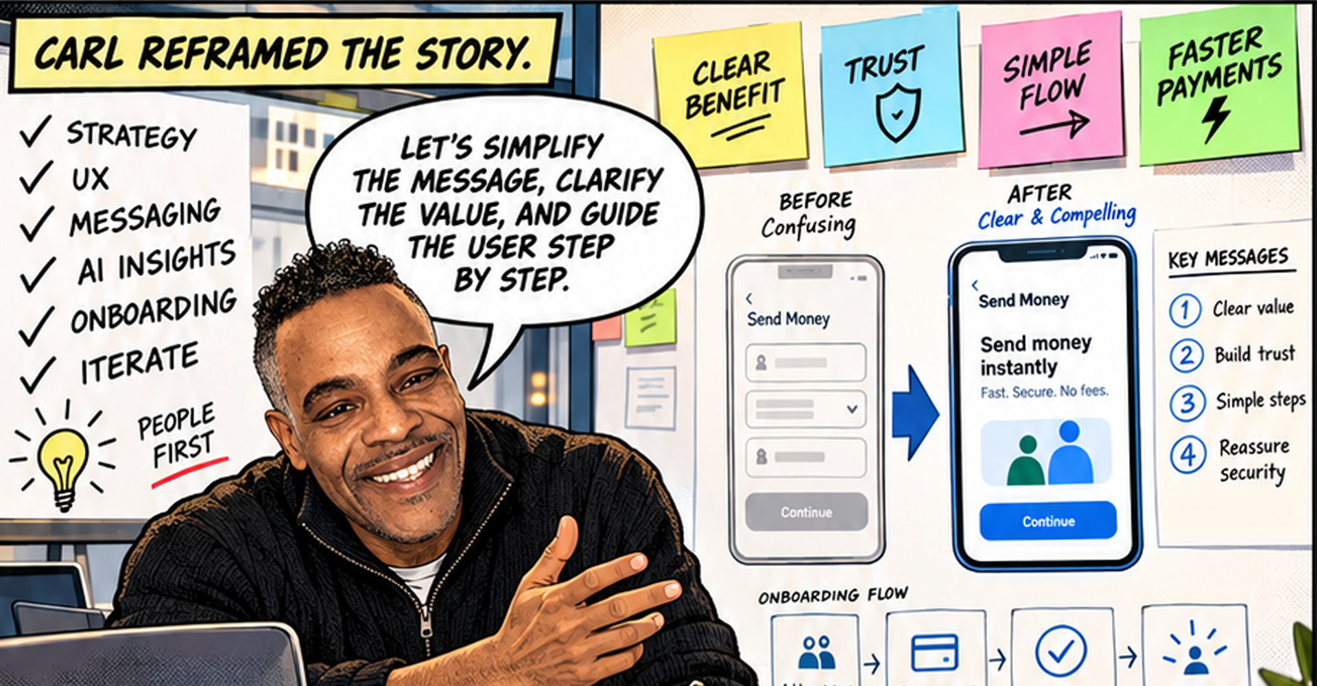 Comic panel: Carl reframed the story, simplifying the message, clarifying the value, and guiding the user step by step.