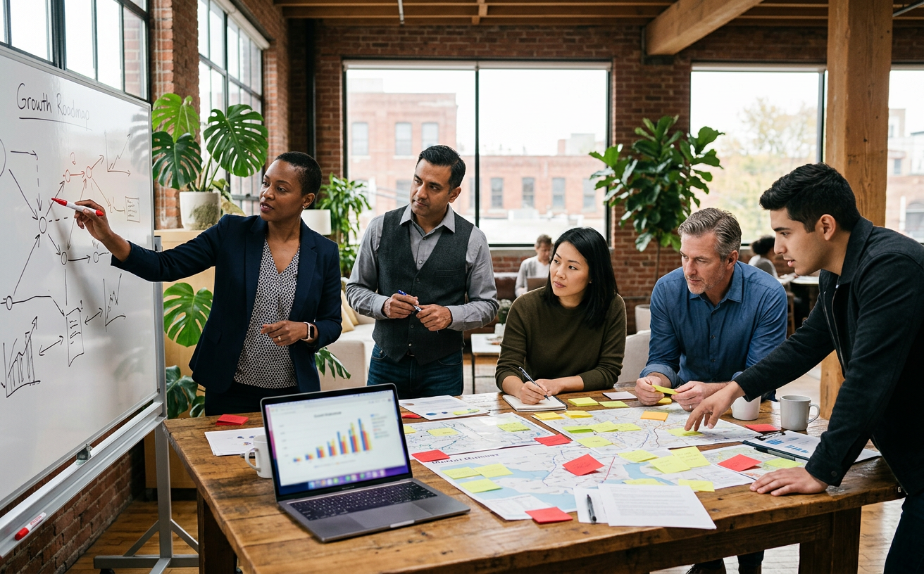 A team mapping strategy with sticky notes around a workshop table