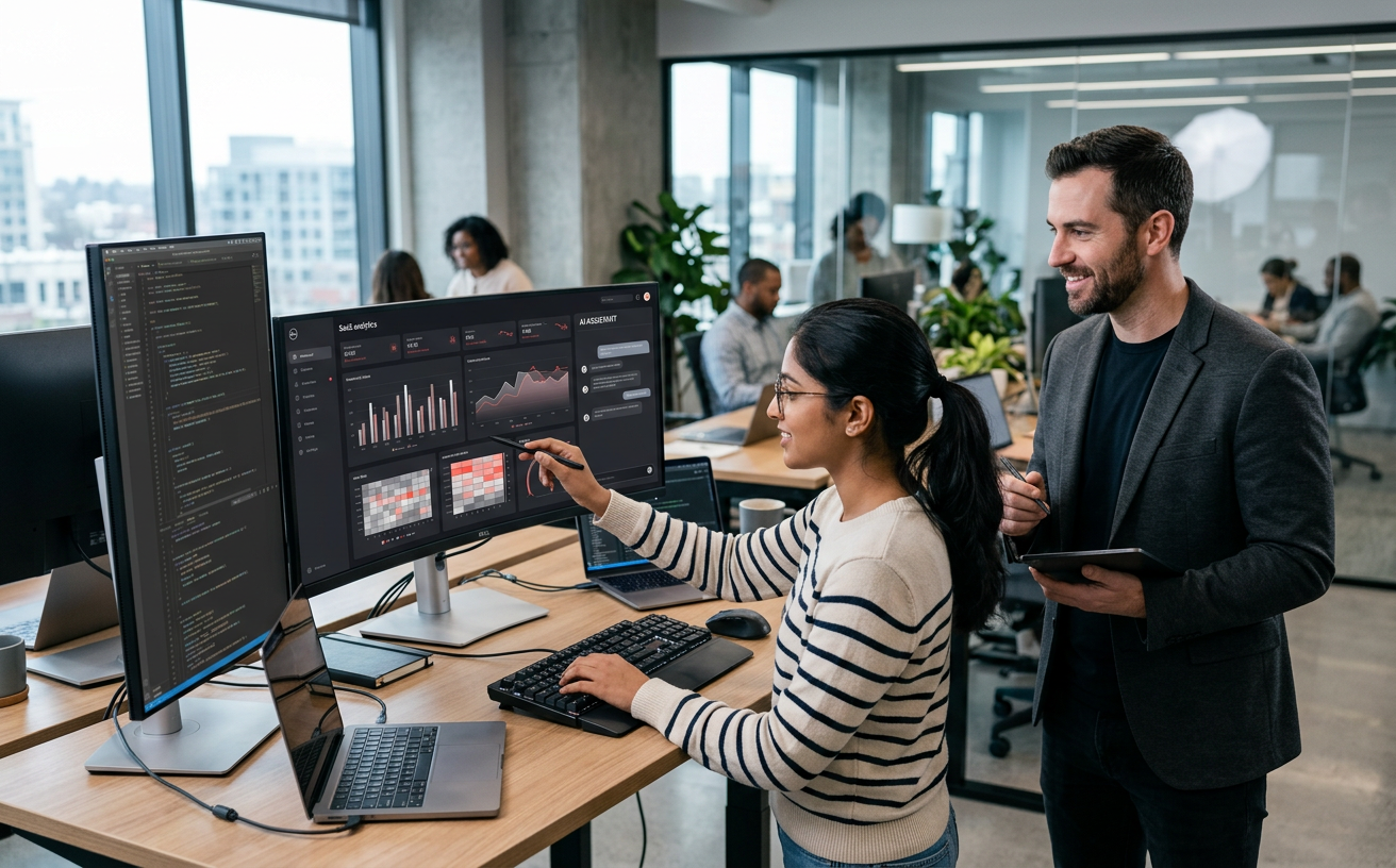 Developer reviewing a SaaS analytics dashboard with a colleague